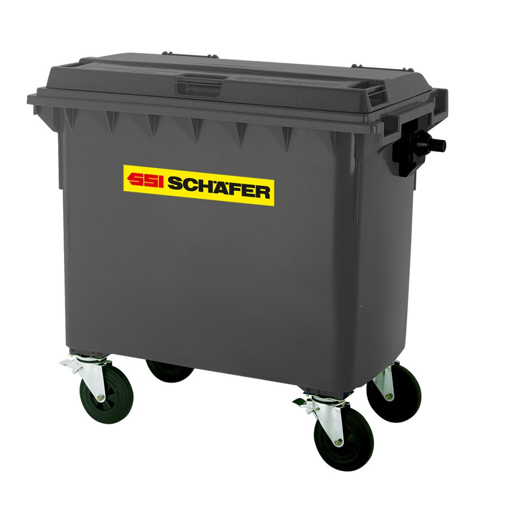 660L wheelie bin. A black Schafer 4 Wheeled Plastic Bin